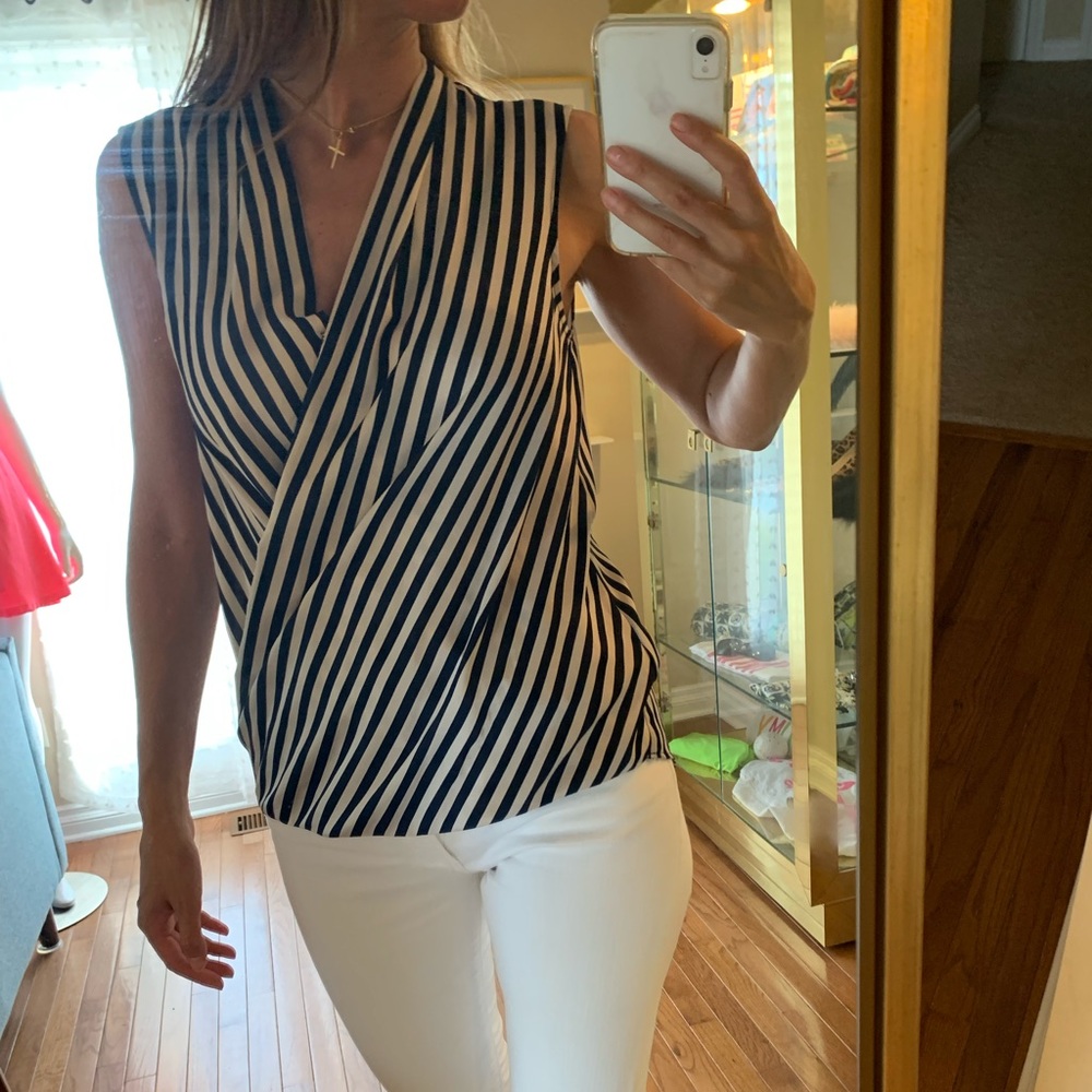 ANN TAYLOR BLUE & TAN DRESS TOP